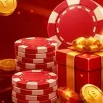 Stacks of red casino chips and a gift box