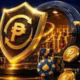 Gold shield with a peso sign in front of a vault